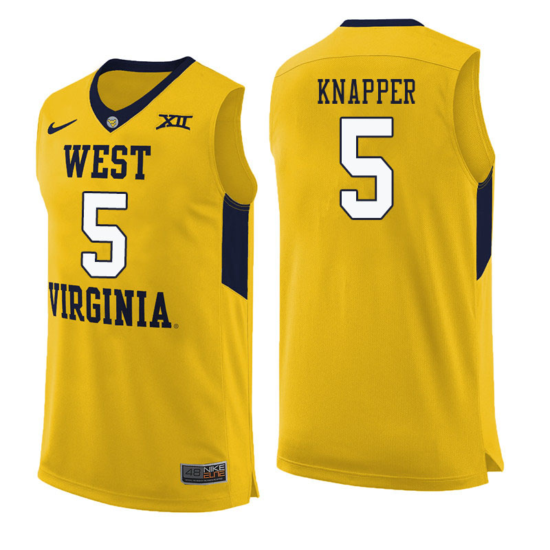 Men #5 Brandon Knapper West Virginia Mountaineers College Basketball Jerseys Sale-Yellow
